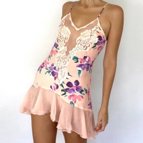 Vintage Victoria's Secret Peach Floral, Lace & Frill Mini Slip Lingerie Dress
